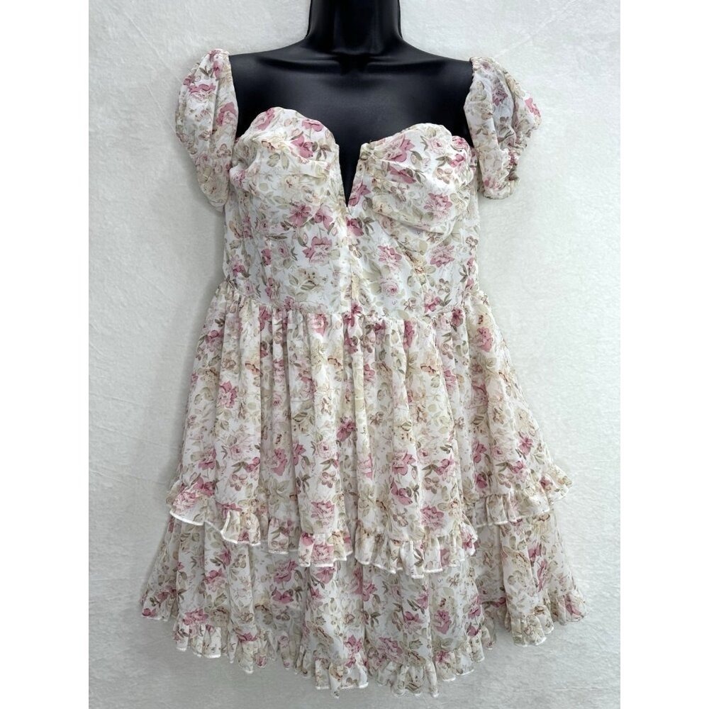 Cider Women's Barbiecore Floral Puff Sleeve Corset Dress Size Large NWT